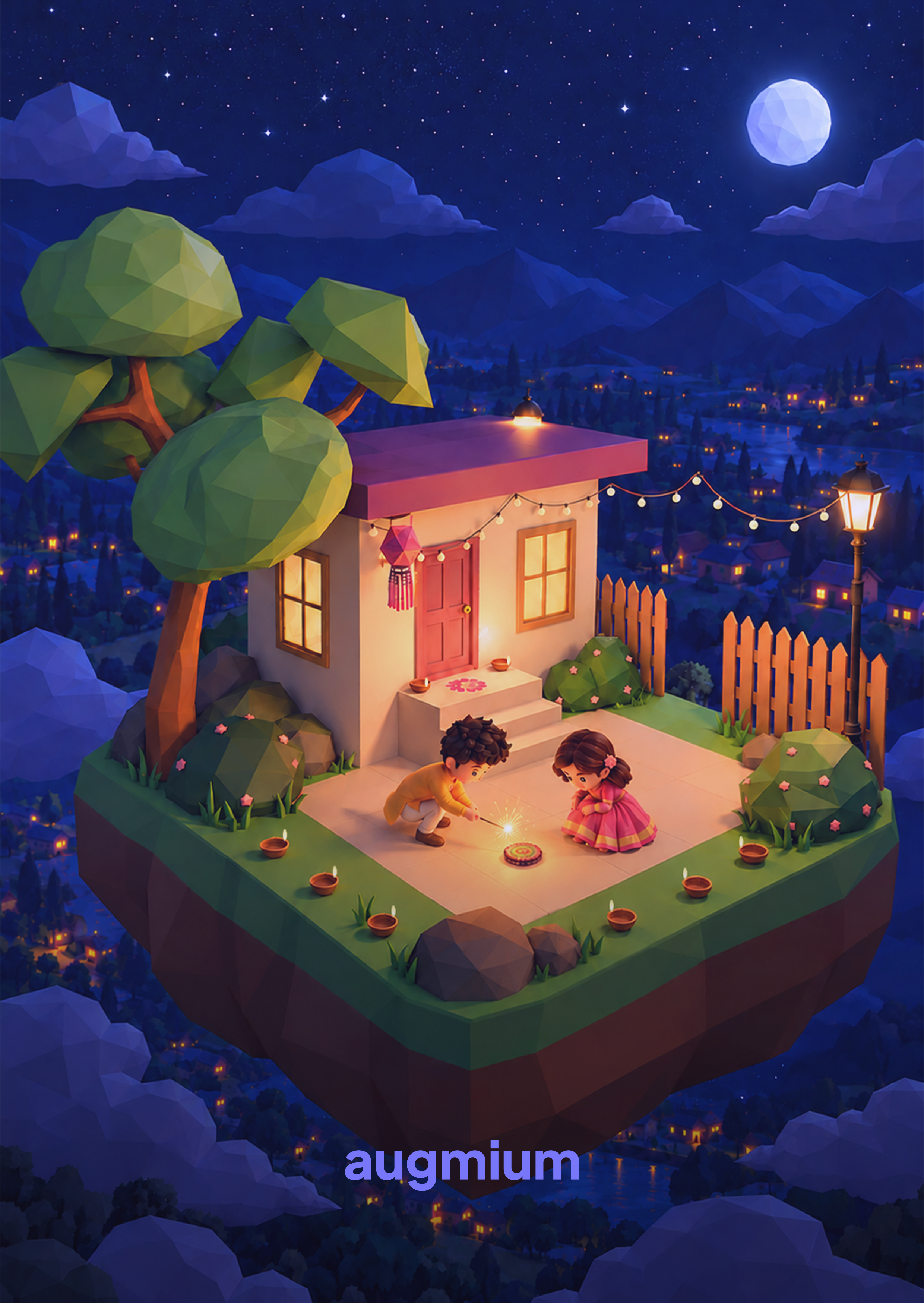 A festive Diwali greeting card showing a small glowing house beneath a night sky
