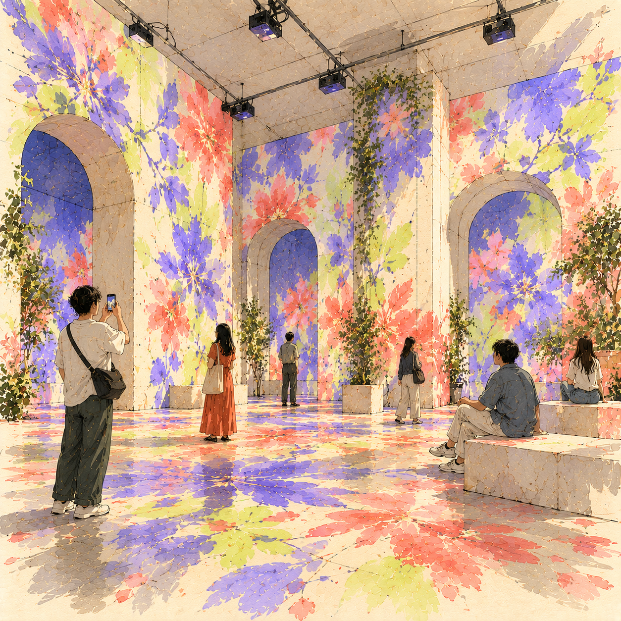 Projection-based experience transforming a wall or stage